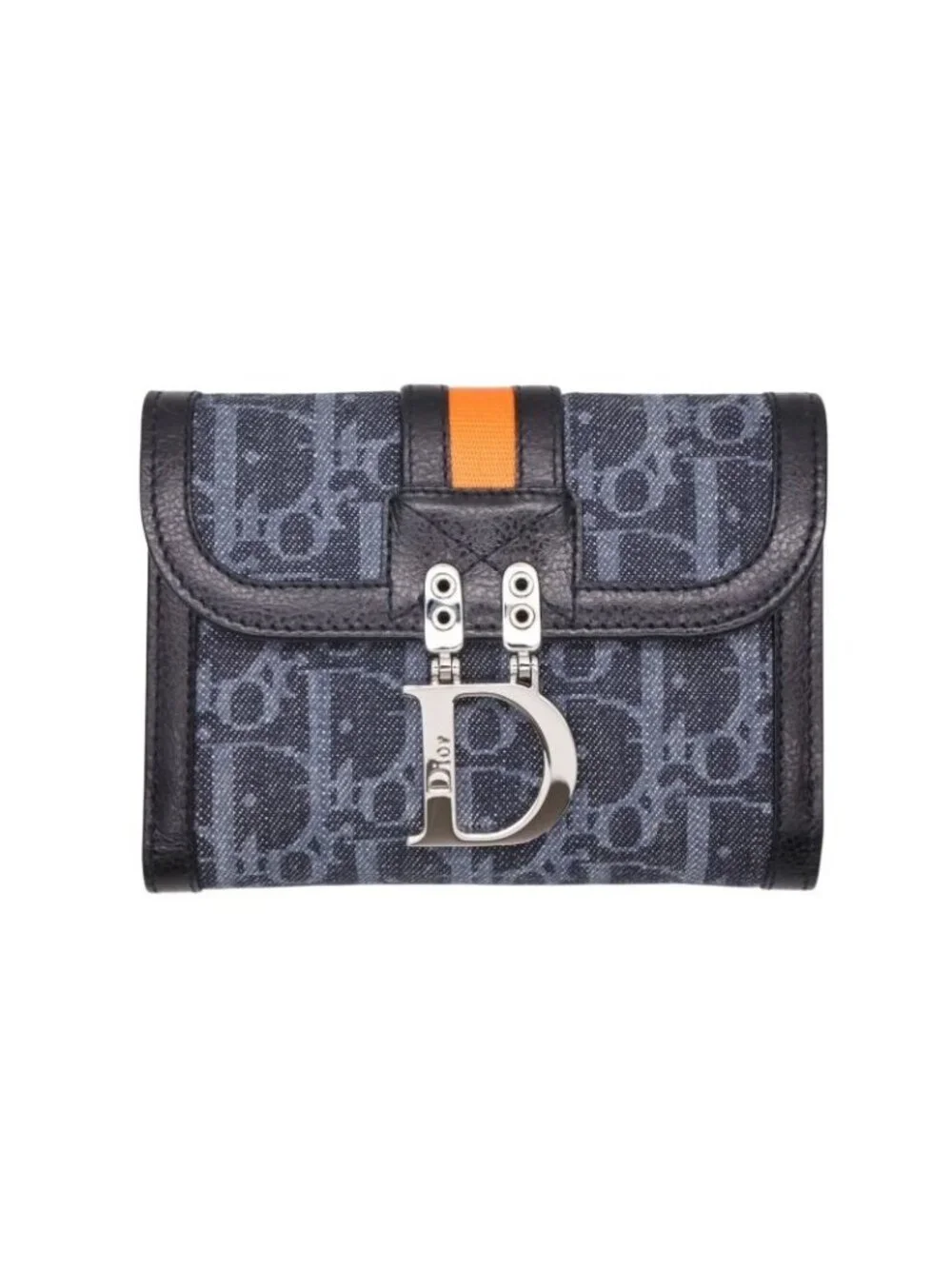 Dior Bifold Wallet Compact Trotter Line Navy Black Orange